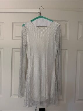 White Long-Sleeve Mesh Overlay Dress
